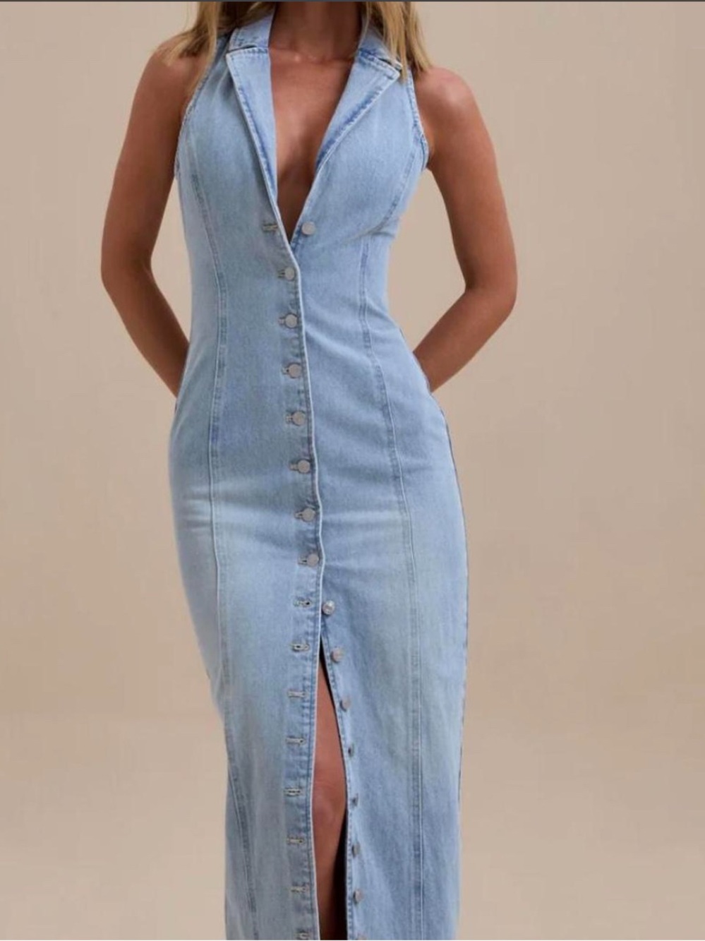 Light Blue Tight Fitting Denim Button-Front Maxi Dress by